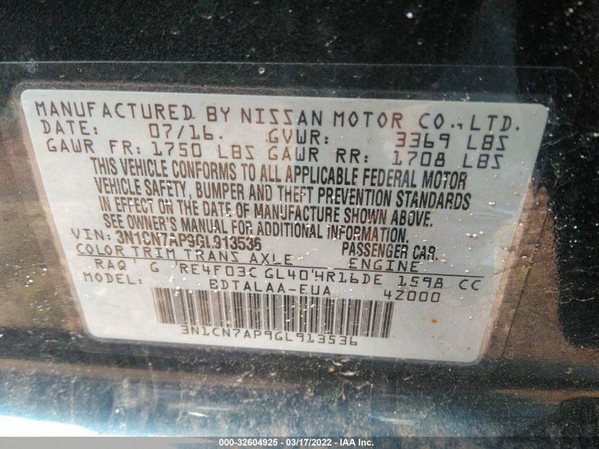 3N1CN7AP9GL913536 2016 Nissan Versa 1.6 S