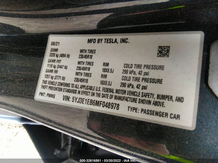 VIN 5YJ3E1EB6MF048978 2021 TESLA MODEL 3 no.9