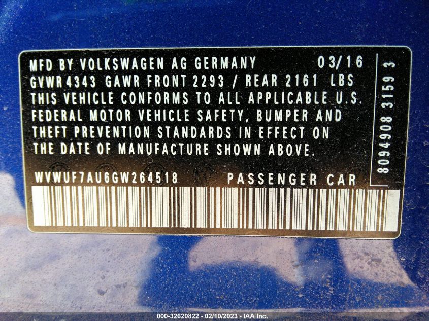 2016 Volkswagen Golf R VIN: WVWUF7AU6GW264518 Lot: 32620822