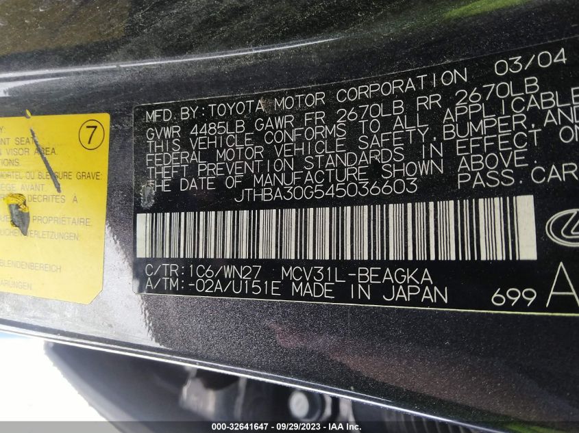 JTHBA30G545036603 2004 Lexus Es 330