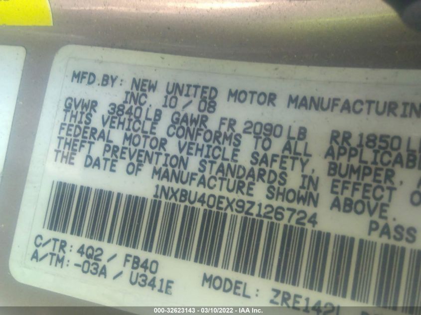 2009 Toyota Corolla Le VIN: 1NXBU40EX9Z126724 Lot: 32623143