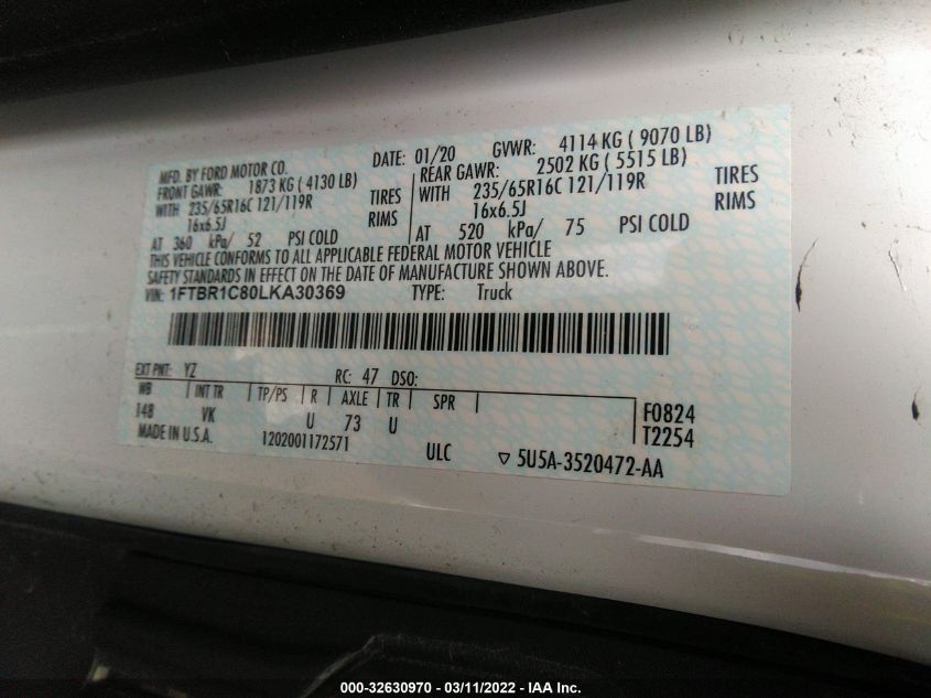 2020 Ford Transit-250 Cargo Van VIN: 1FTBR1C80LKA30369 Lot: 32630970