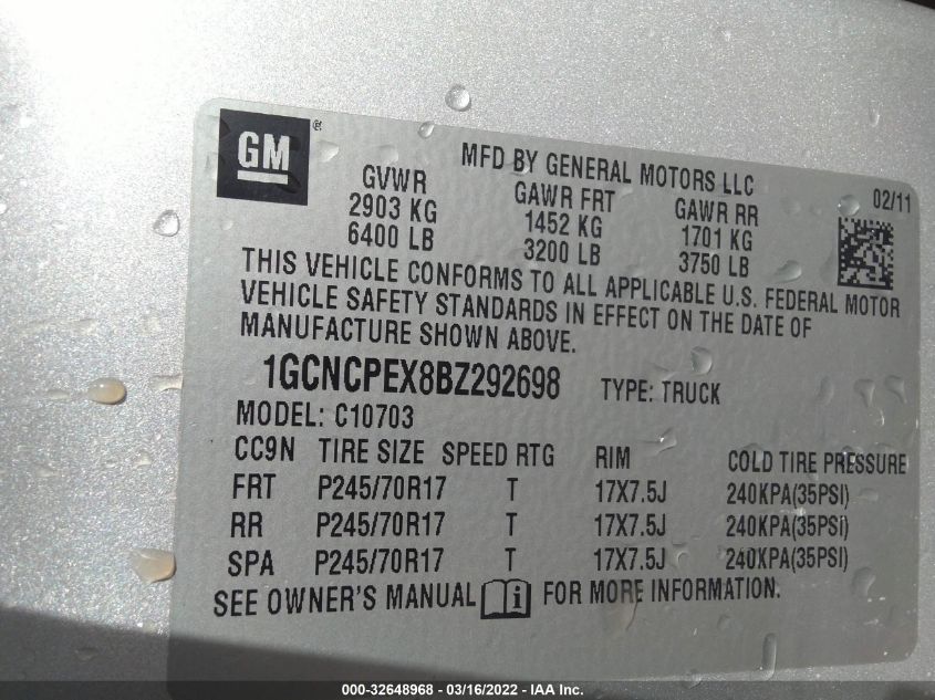 1GCNCPEX8BZ292698 2011 Chevrolet Silverado 1500 Work Truck