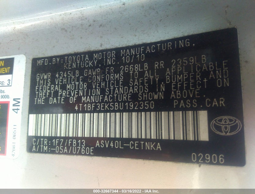 4T1BF3EK5BU192350