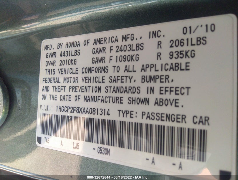 1HGCP2F8XAA081314