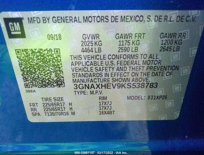 3GNAXHEV9KS538783