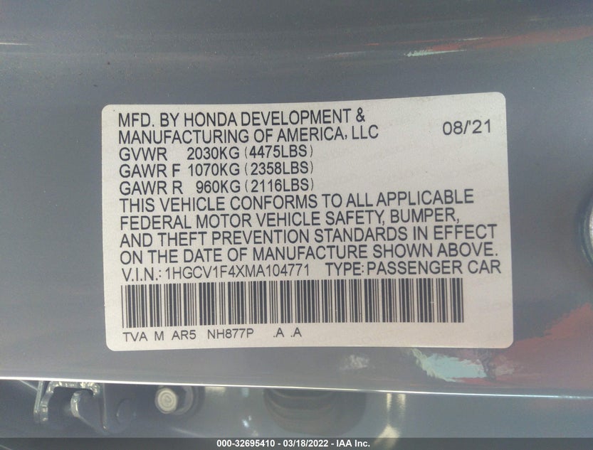 1HGCV1F4XMA104771