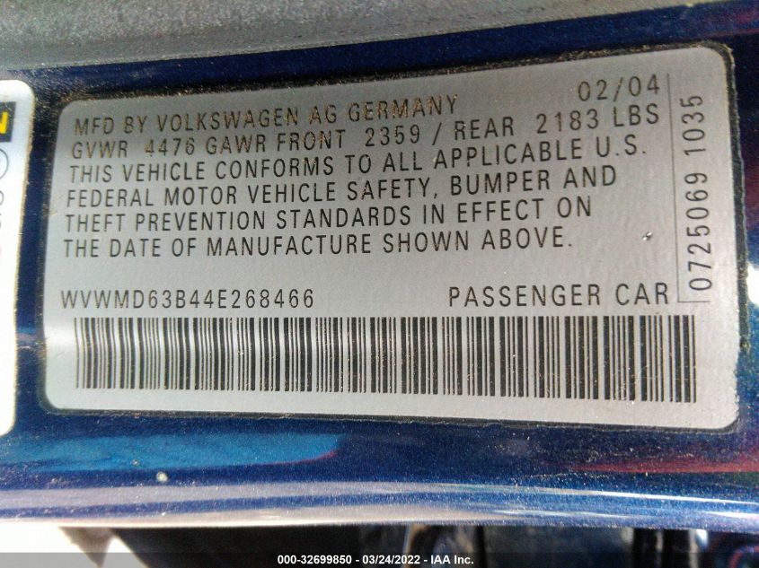 WVWMD63B44E268466 2004 Volkswagen Passat Gl