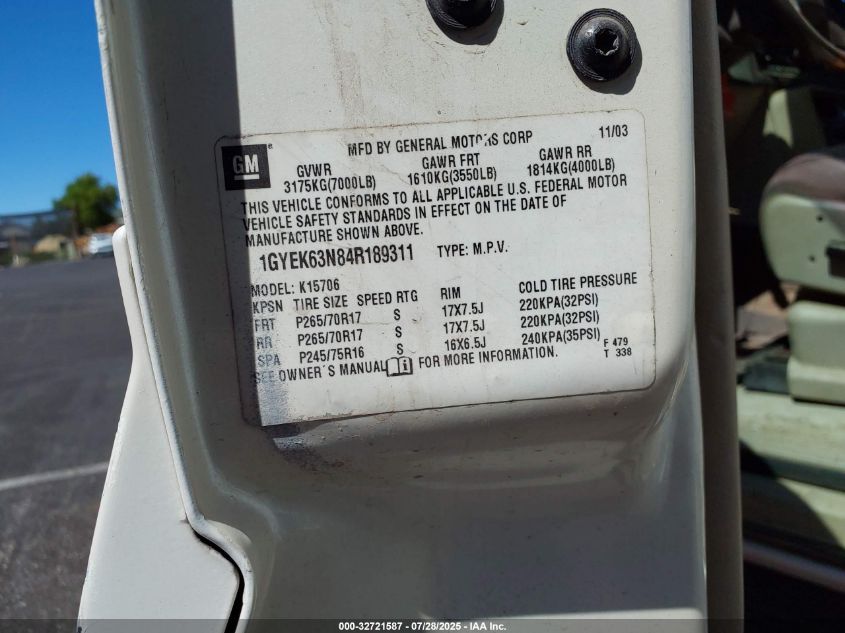 2004 Cadillac Escalade Standard VIN: 1GYEK63N84R189311 Lot: 32721587