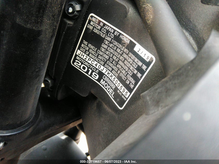 2019 Honda Cbr600 Ra VIN: JH2PC40J7KK500595 Lot: 32719657