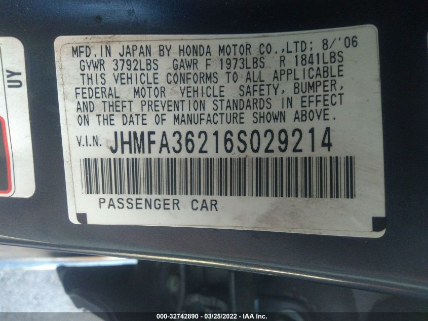 JHMFA36216S029214 2006 Honda Civic Hybrid