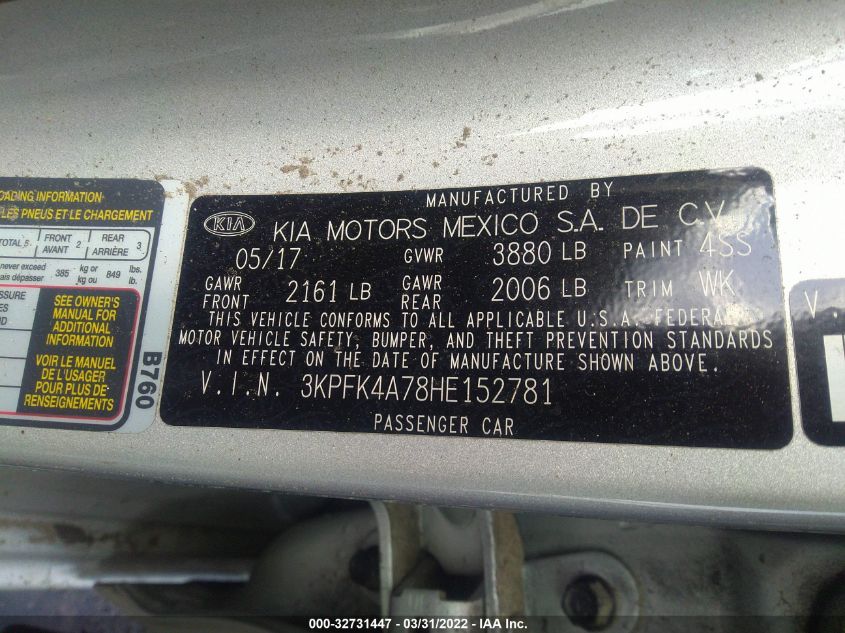 2017 Kia Forte Lx VIN: 3KPFK4A78HE152781 Lot: 32731447