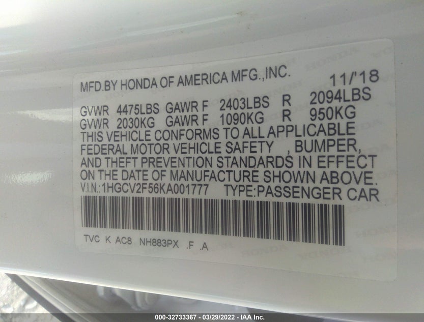 1HGCV2F56KA001777