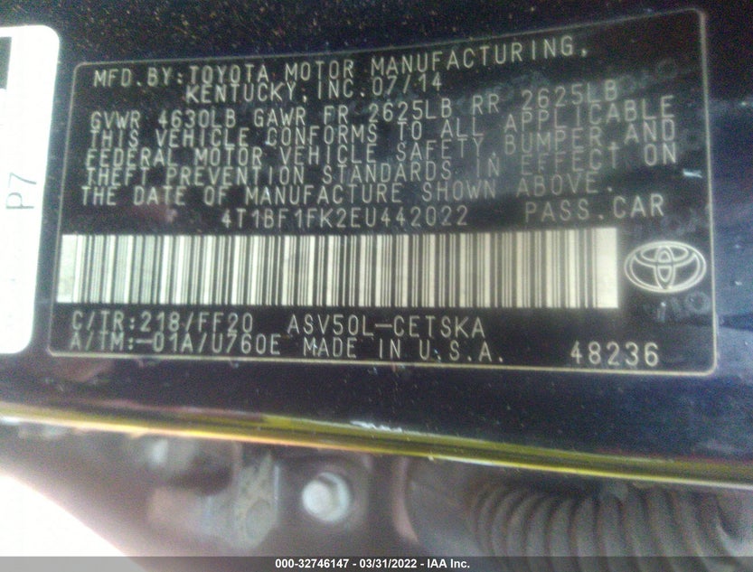4T1BF1FK2EU442022