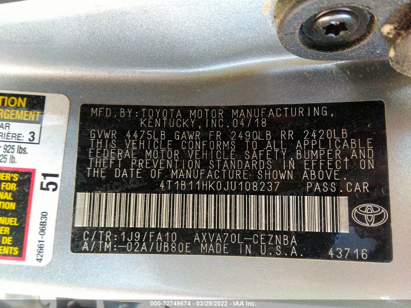 VIN 4T1B11HK0JU108237 2018 TOYOTA CAMRY no.9