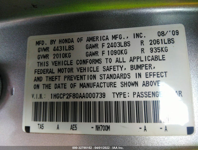 1HGCP2F80AA000739