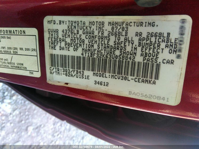 4T1BF32K63U058842 2003 Toyota Camry Le