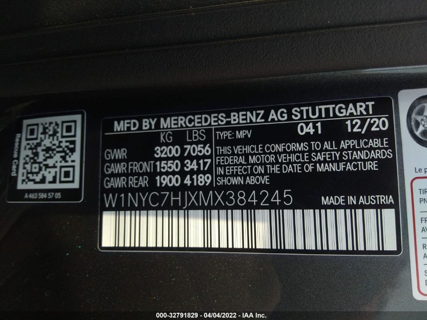 VIN W1NYC7HJXMX384245 2021 Mercedes-Benz G-Class, A... no.9