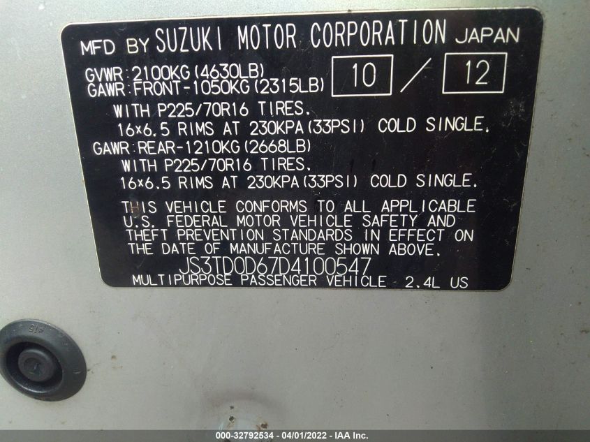 VIN JS3TD0D67D4100547 2013 Suzuki Grand Vitara, Pre... no.9