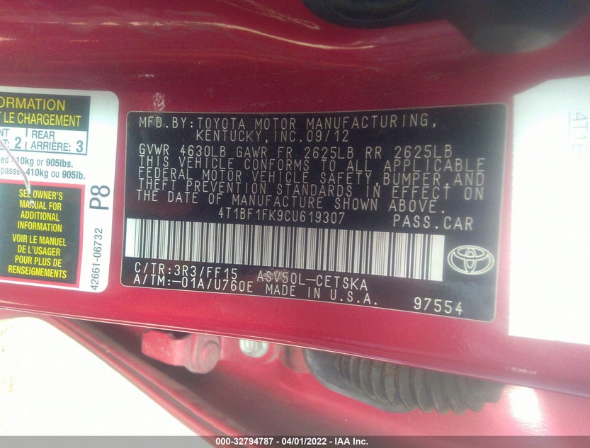4T1BF1FK9CU619307