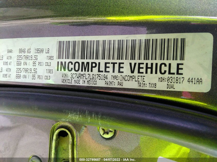 2020 Ram 5500 Chassis Tradesman/Slt/Laramie/Limited VIN: 3C7WRMFL7LG175194 Lot: 32795657