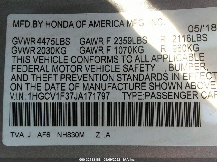 2018 Honda Accord Sport VIN: 1HGCV1F37JA171797 Lot: 32813186