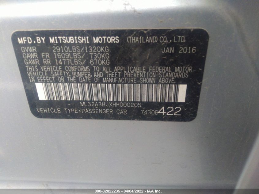 ML32A3HJXHH000205 2017 Mitsubishi Mirage Es