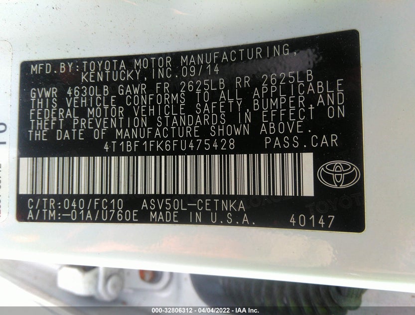 4T1BF1FK6FU475428