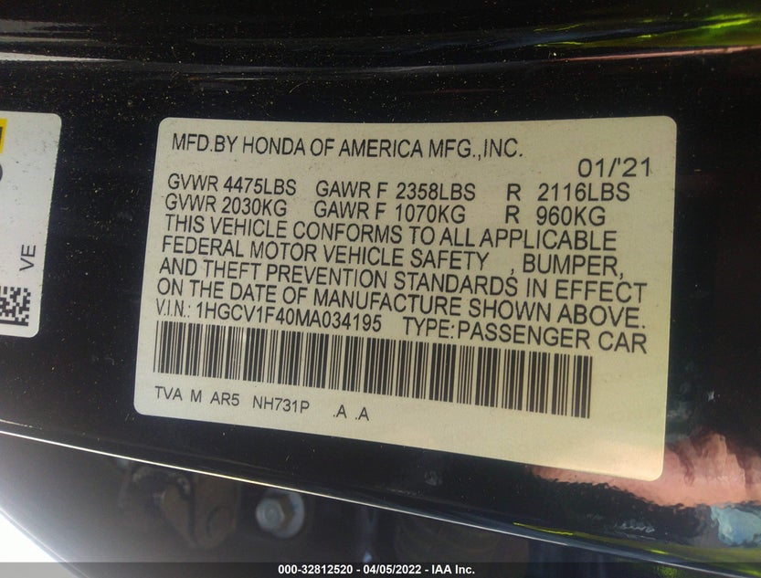 1HGCV1F40MA034195