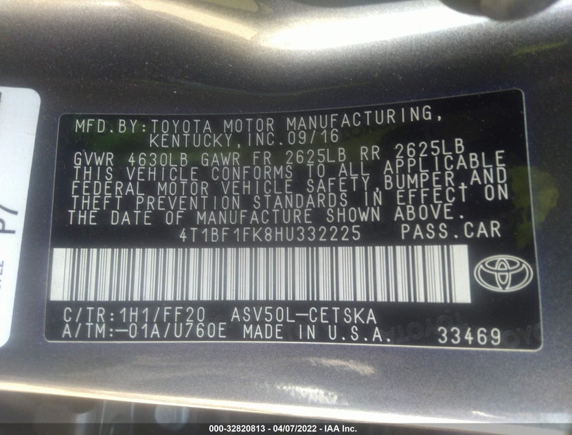 4T1BF1FK8HU332225