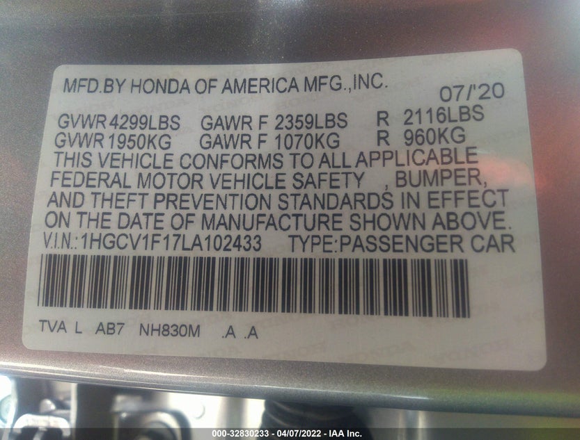 1HGCV1F17LA102433