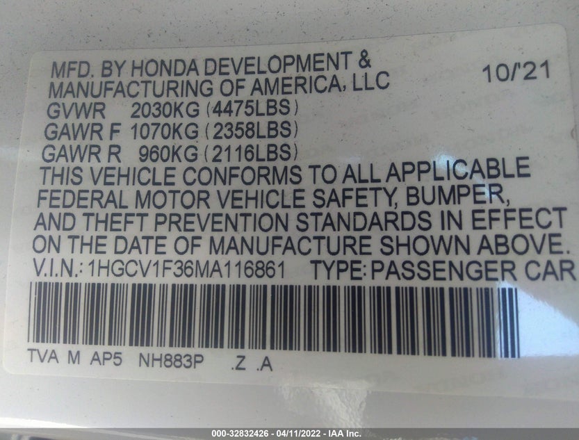 1HGCV1F36MA116861