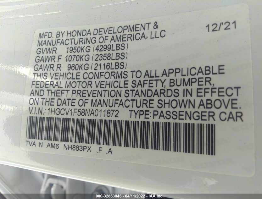 1HGCV1F58NA011872
