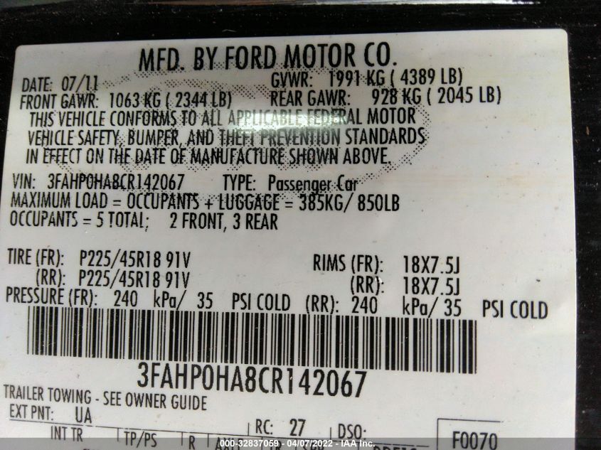 2012 Ford Fusion Se VIN: 3FAHP0HA8CR142067 Lot: 32837059