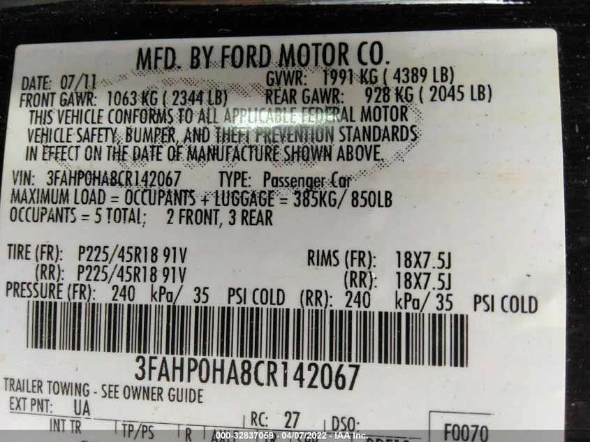 3FAHP0HA8CR142067 2012 Ford Fusion Se