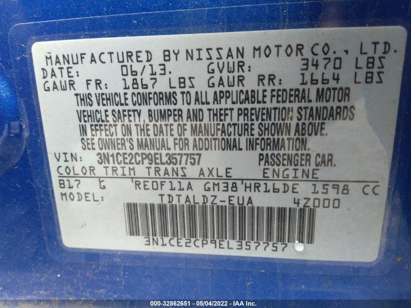 2014 Nissan Versa Note Sv VIN: 3N1CE2CP9EL357757 Lot: 32862651