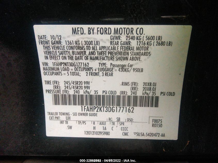 2013 Ford Taurus Sho VIN: 1FAHP2KT3DG177162 Lot: 32862662