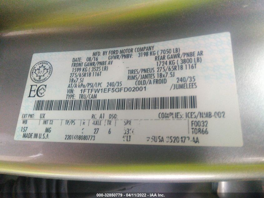2016 Ford F-150 Xlt VIN: 1FTFW1EF5GFD02001 Lot: 32850779