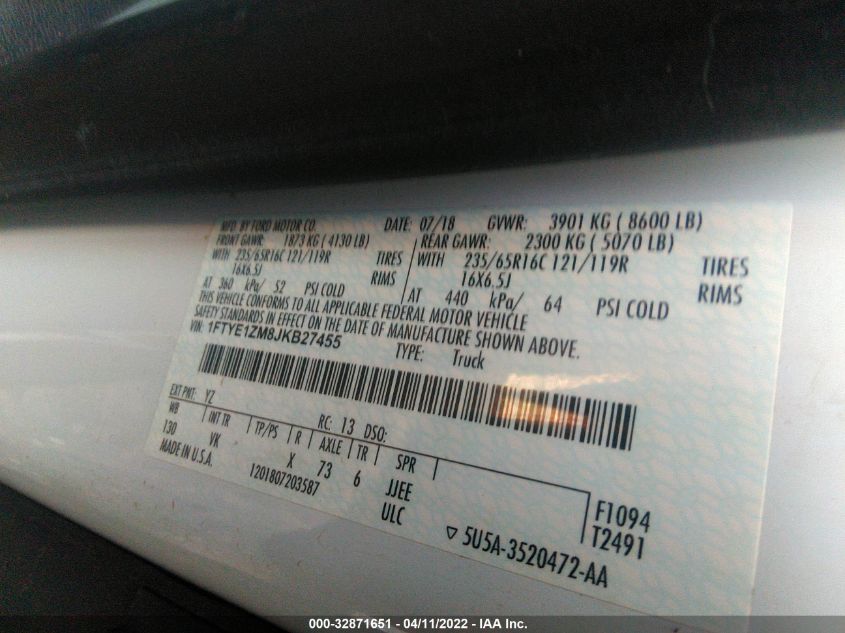 2018 Ford Transit-150 VIN: 1FTYE1ZM8JKB27455 Lot: 32871651