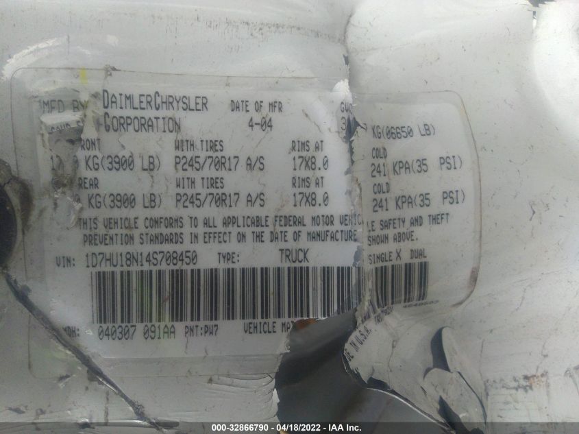 2004 Dodge Ram 1500 Slt/Laramie VIN: 1D7HU18N14S708450 Lot: 32866790