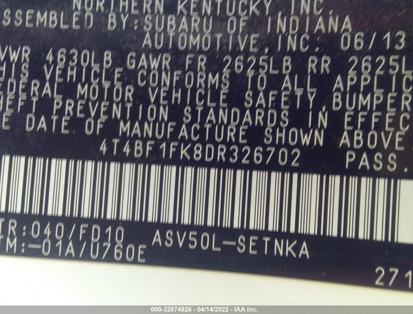 4T4BF1FK8DR326702