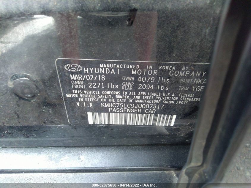 KMHC75LC9JU087317 2018 Hyundai Ioniq Hybrid Sel