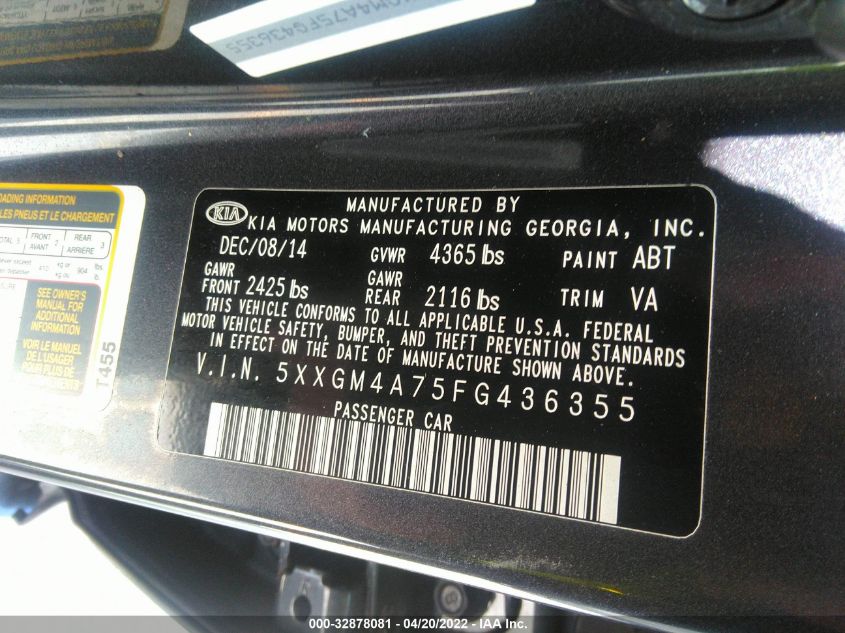 2015 Kia Optima Lx VIN: 5XXGM4A75FG436355 Lot: 32878081