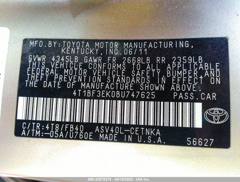 4T1BF3EK0BU747625