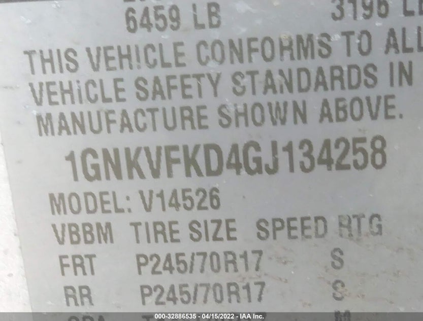 1GNKVFKD4GJ134258