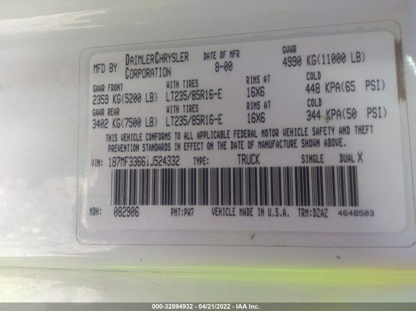 2001 Dodge Ram 3500 St VIN: 1B7MF33661J524332 Lot: 32894932