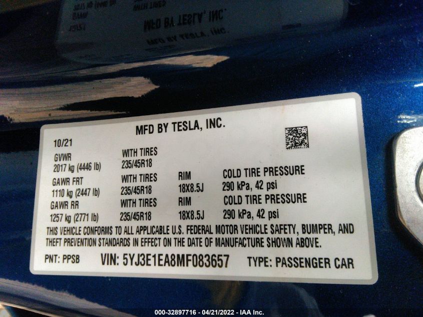 5YJ3E1EA8MF083657 2021 Tesla Model 3 Standard Range Plus Rear-Wheel Drive