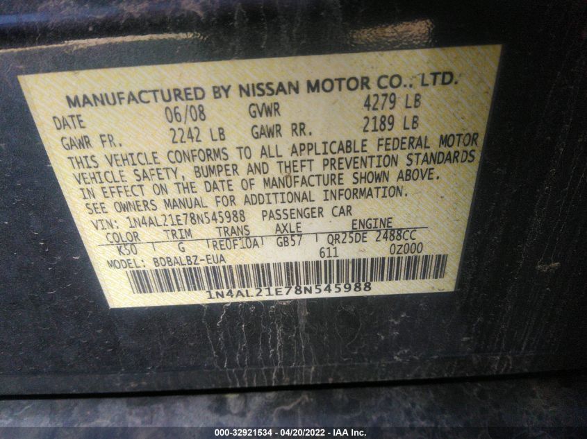 1N4AL21E78N545988 2008 Nissan Altima 2.5 S