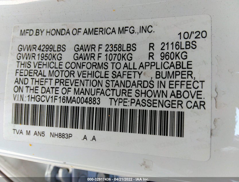 1HGCV1F16MA004883