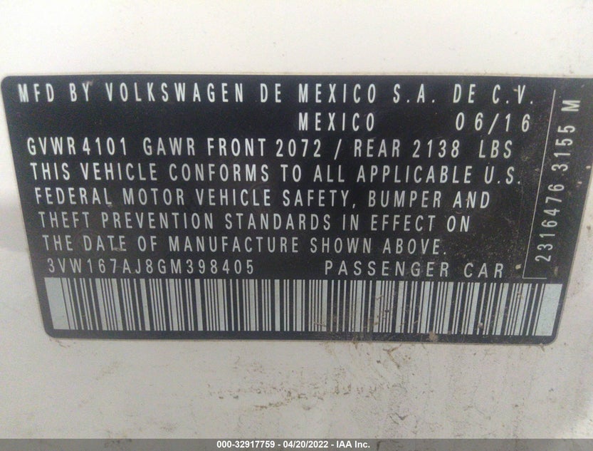 3VW167AJ8GM398405